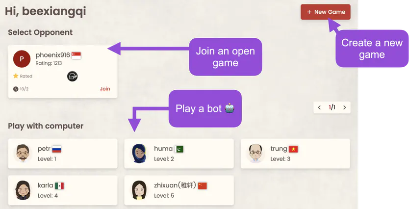 lobby - new user to create game, select opponent (1), play computer