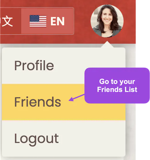 friends top right profile dropdown menu with purple arrow