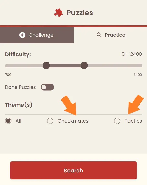 A picture showing the options in practice mode of puzzles in xiangqi.com